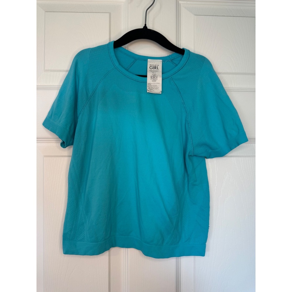 Athleta Girl Turquoise Blue Seamless Mesh Active Top Short Sleeve Shirt M 8 10